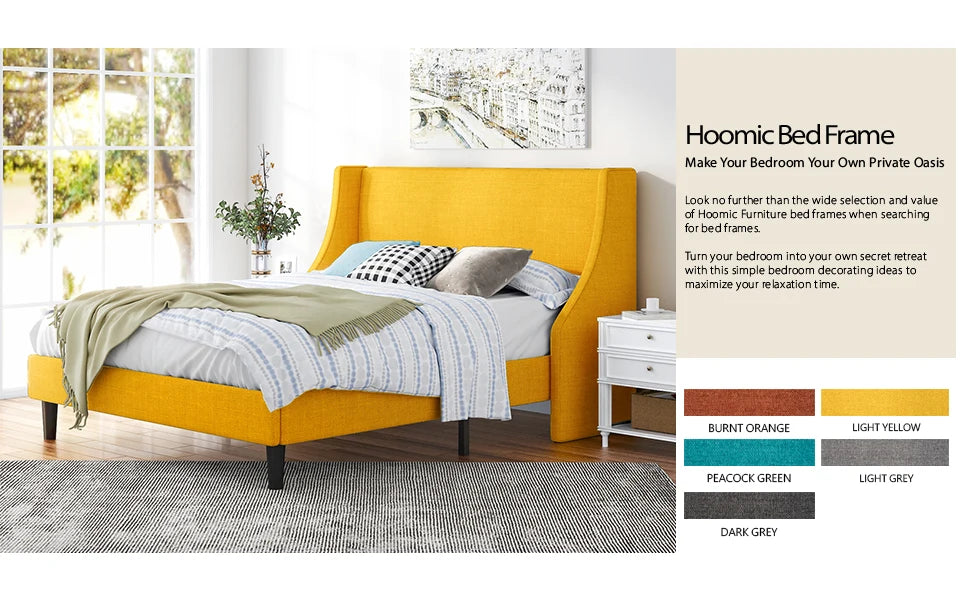 HOOMIC Fabric Upholstered Wingback Platform Bed with Headboard and Wood Slats