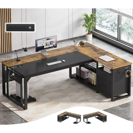 71 Inch Executive Desk With Power Outlets L Shaped Storage