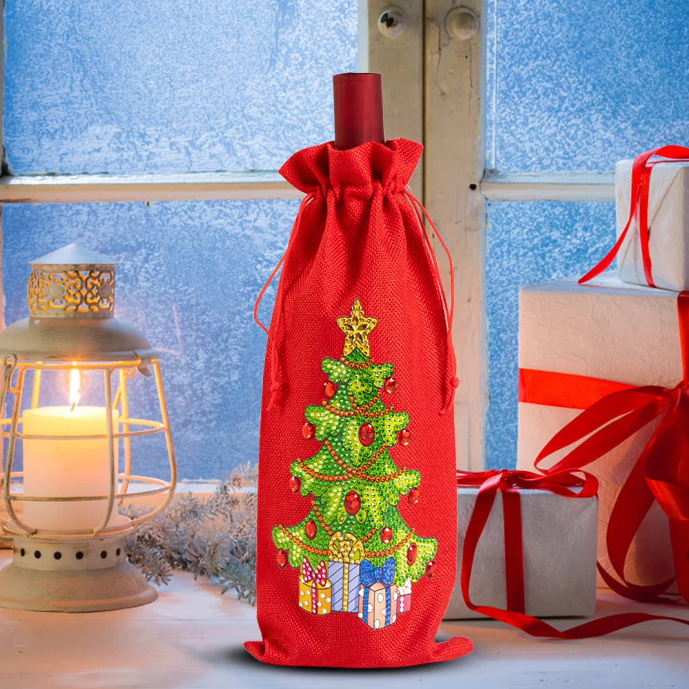 Christmas Diamond Art Wine Gift Bag Drawstring Bottle Cover
