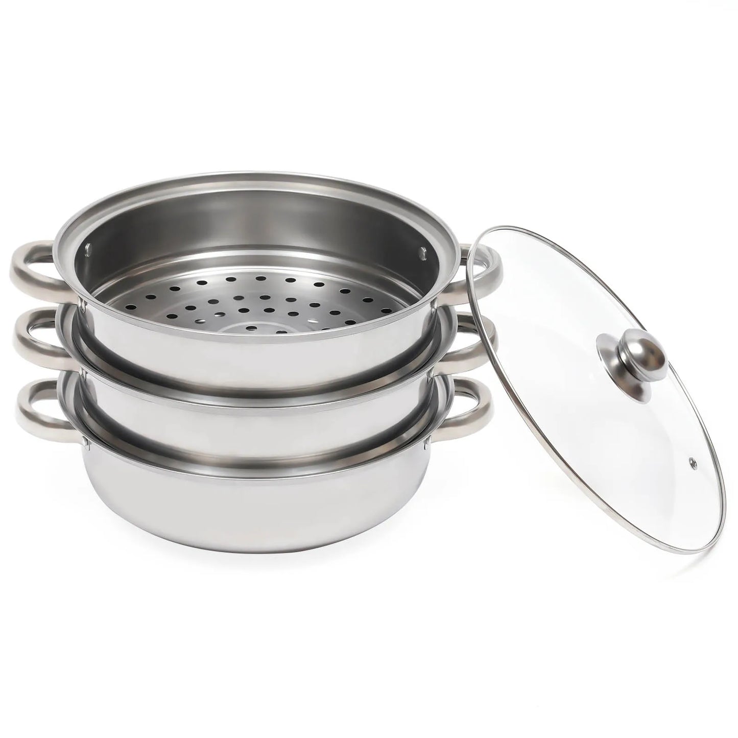 11 Inch 3 Tier Large Stainless Steel Steamer Pot Set with Glass Lid