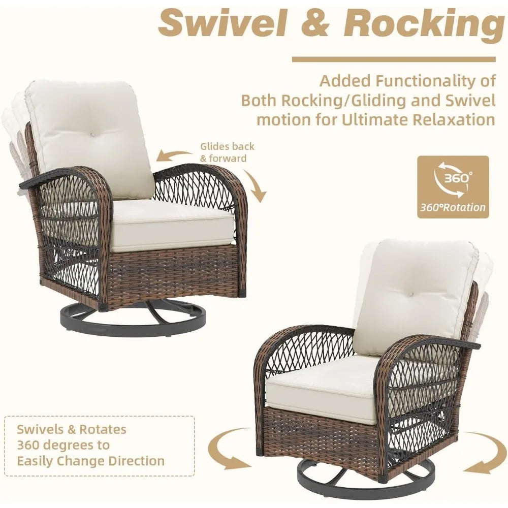 3 Piece Patio Furniture Set With Wicker Swivel Rocker Chairs And Cushions