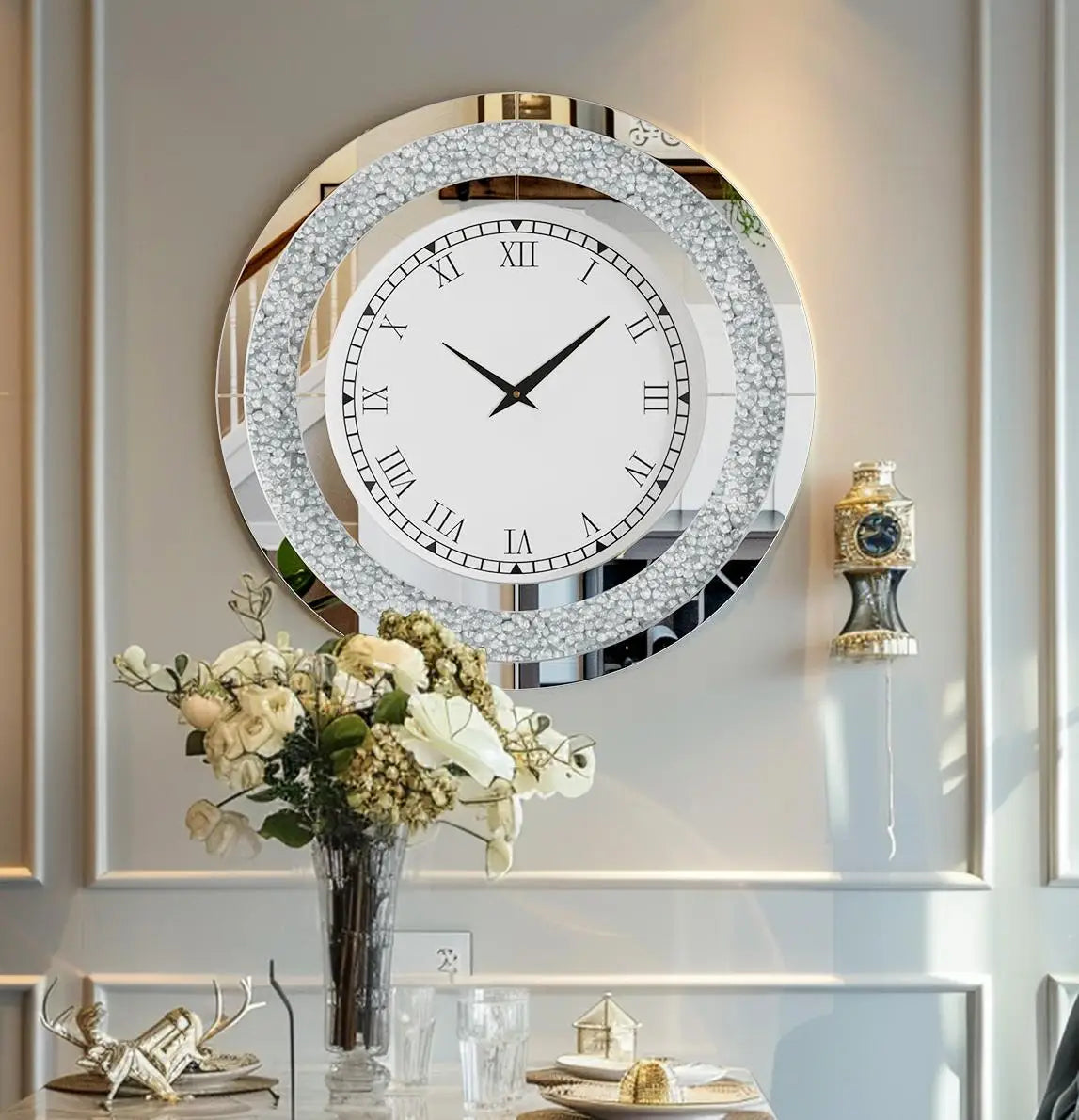 60 to 80 CM Bling Silver Round Mirror Clock Glam Sparkle Twinkle Shining Wall Clock for Home Decor