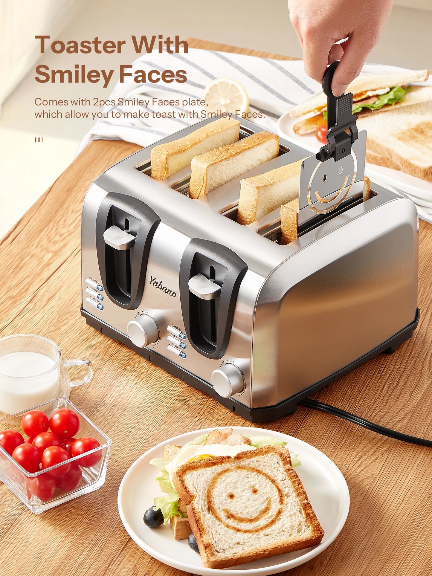 Yabano 4 Slice Toaster with Extra Wide Slot and 7 Shade Settings for Defrost and Reheat Function