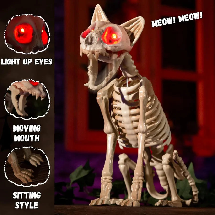 Halloween Skeleton Cat Animatronics With Sound Activation