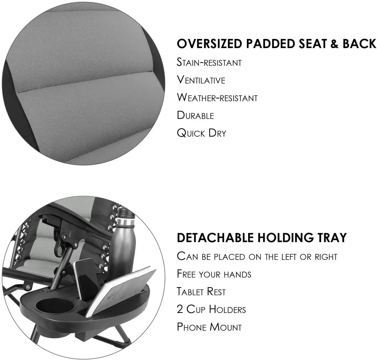 Padded Zero Gravity Lounge Chair Folding Patio Recliner with Adjustable Headrest and Cup Holder Support 160kg Sun Loungers
