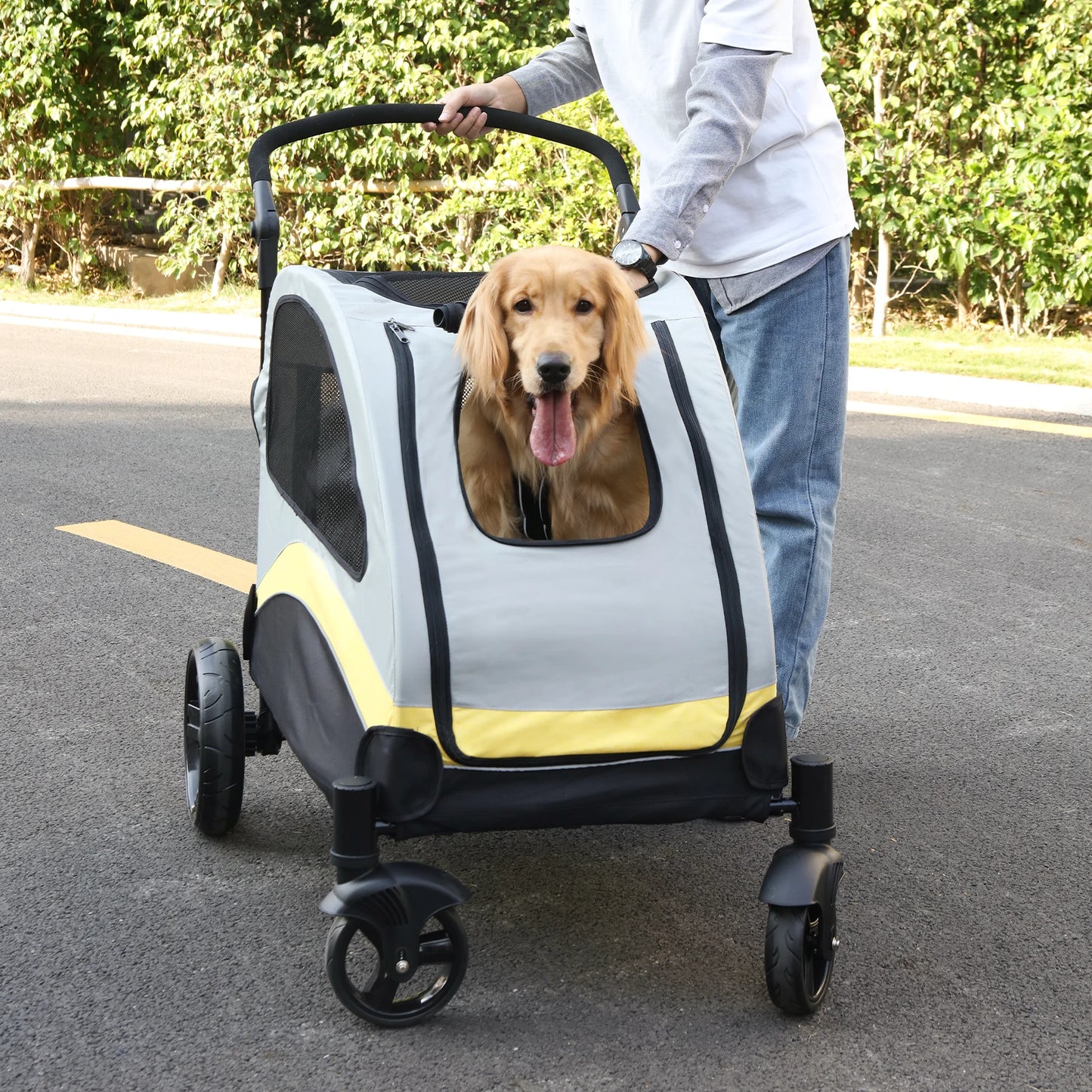 Portable Dog Stroller with Four Wheels for Large Dogs Foldable Cat Travel Carriage Breathable Carrier for Outdoor Play