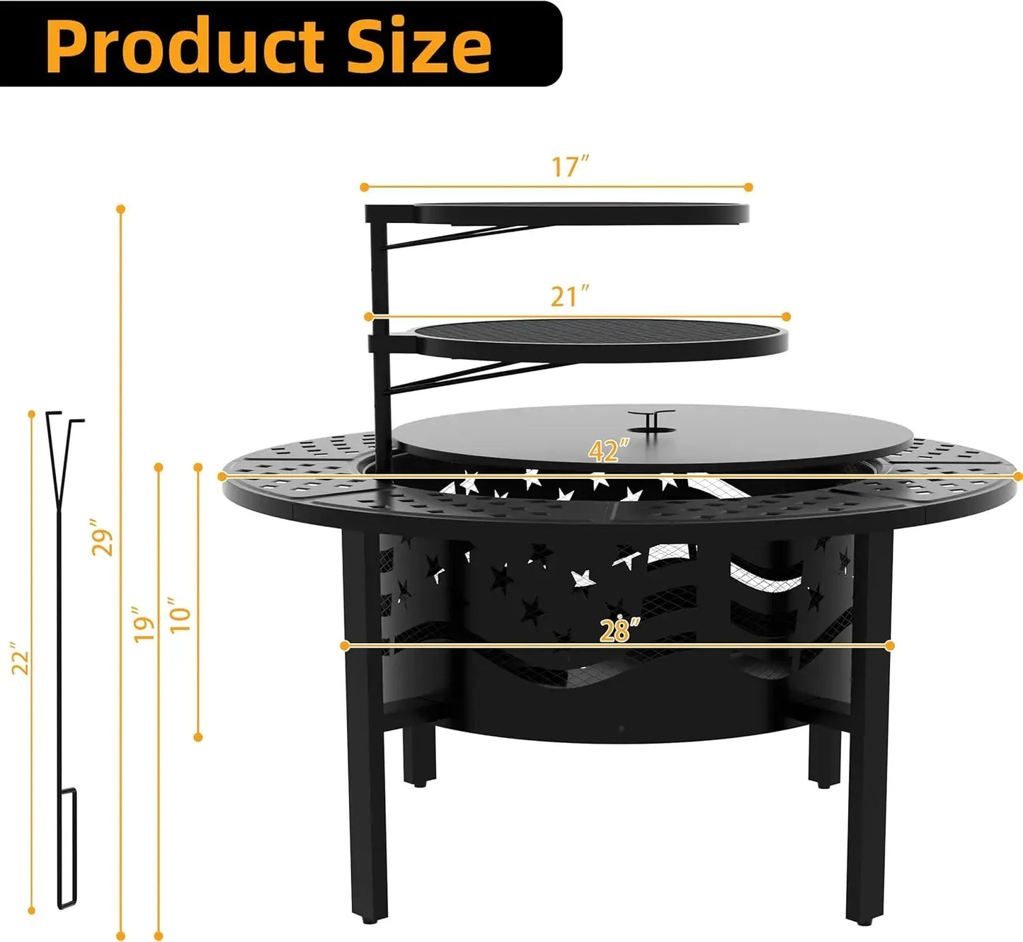 42 Inch Outdoor Fire Pit With Grills Wood Burning Large Round Heavy Duty Metal