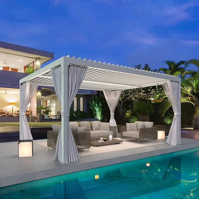 10x12 Aluminum Louvered Pergola With Adjustable Louvered Roof and Waterproof Curtains Outdoor Small Pergola