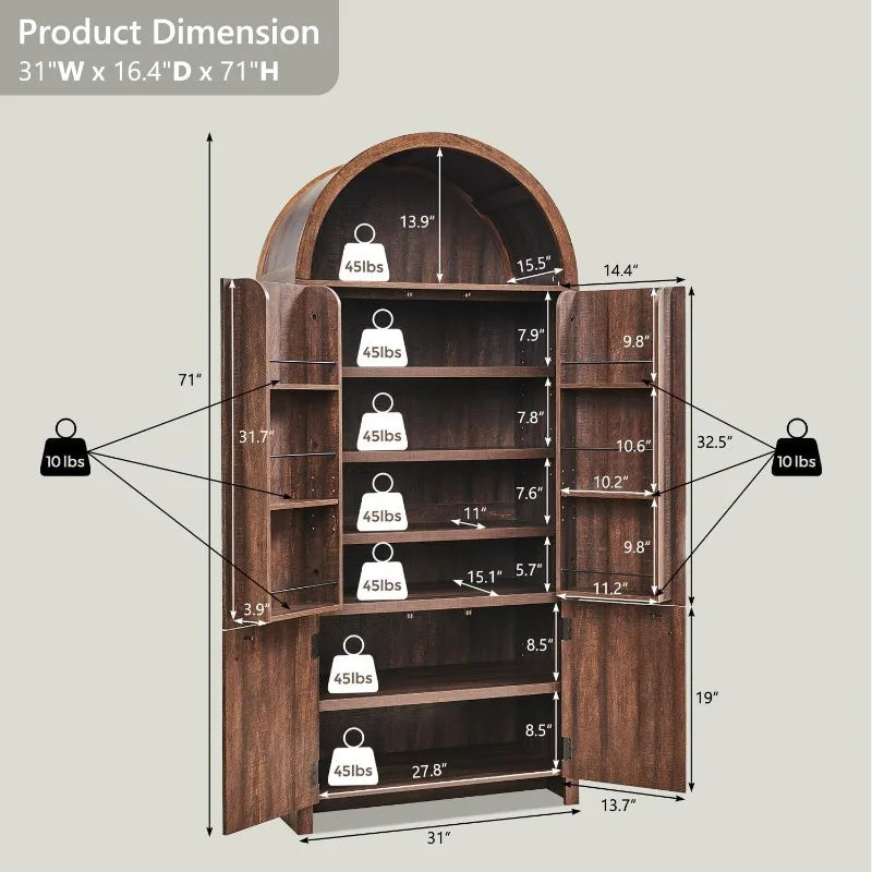 71 Inch Tall Pantry Cabinet With 3 Adjustable Shelves And 6 Door Shelves