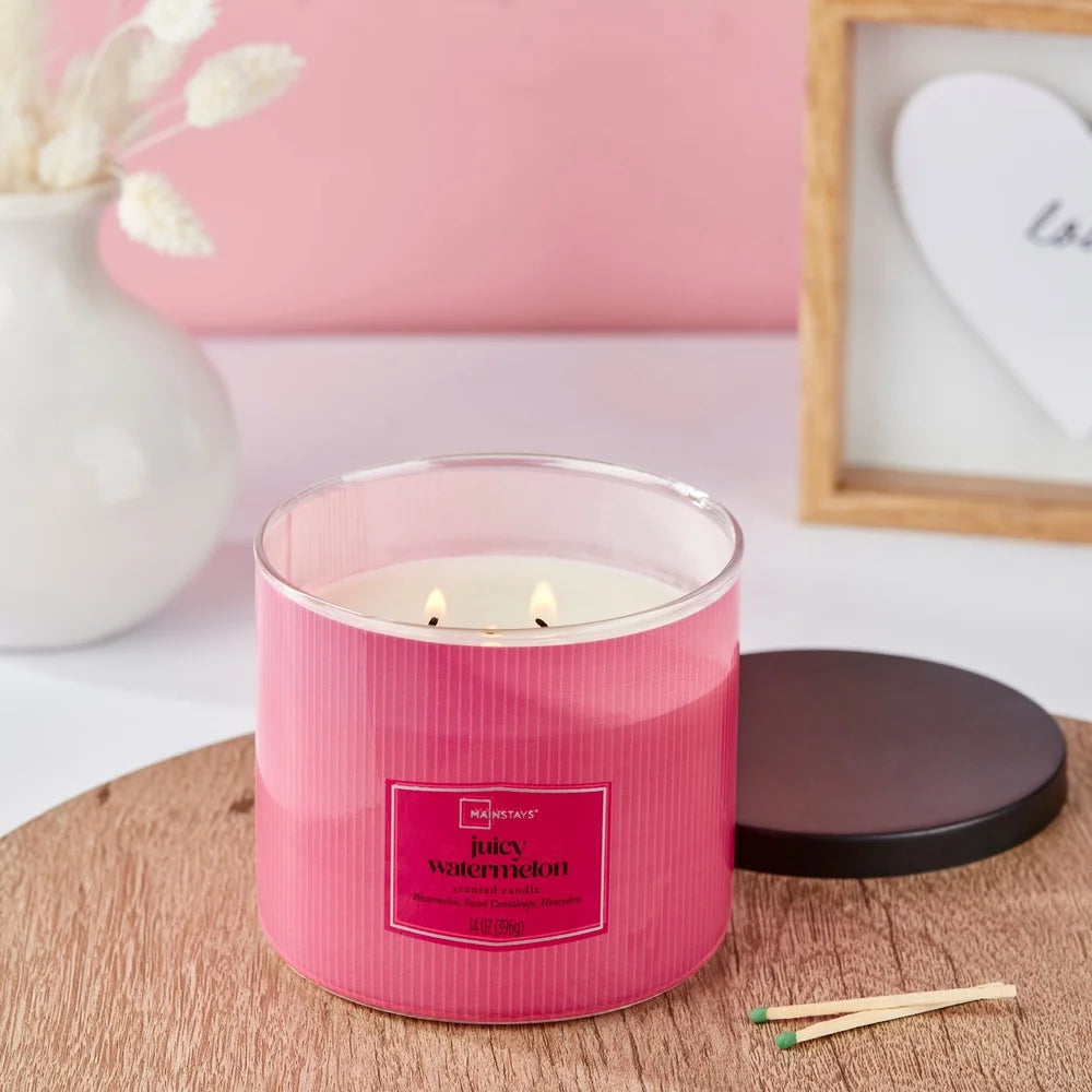 Juicy Watermelon Scented Candle 14 Oz 3 Wick Decorative Container 65 Hour Burn