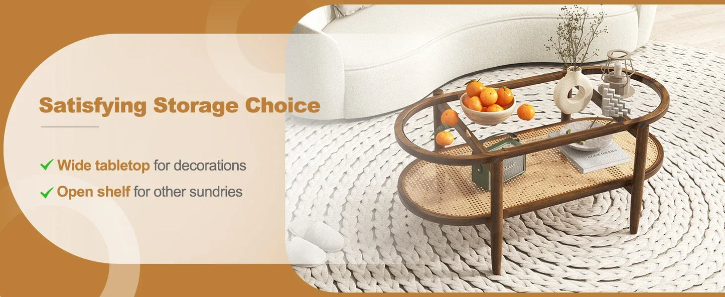 Rattan Coffee Table 2 Tier Acacia Wood With Glass Top Shelf