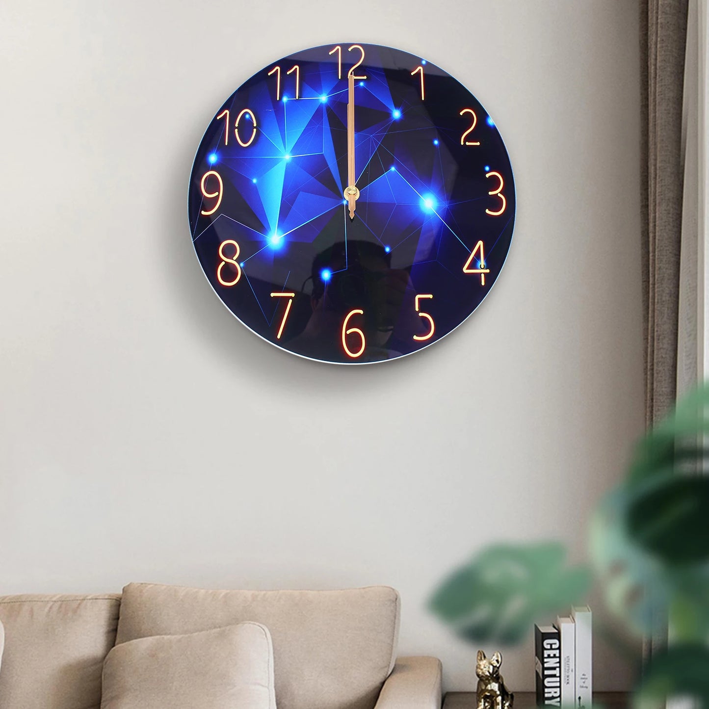 12 Inch Silent Blue Diamond Round Wall Clock Decorative Modern Style Interior Clock
