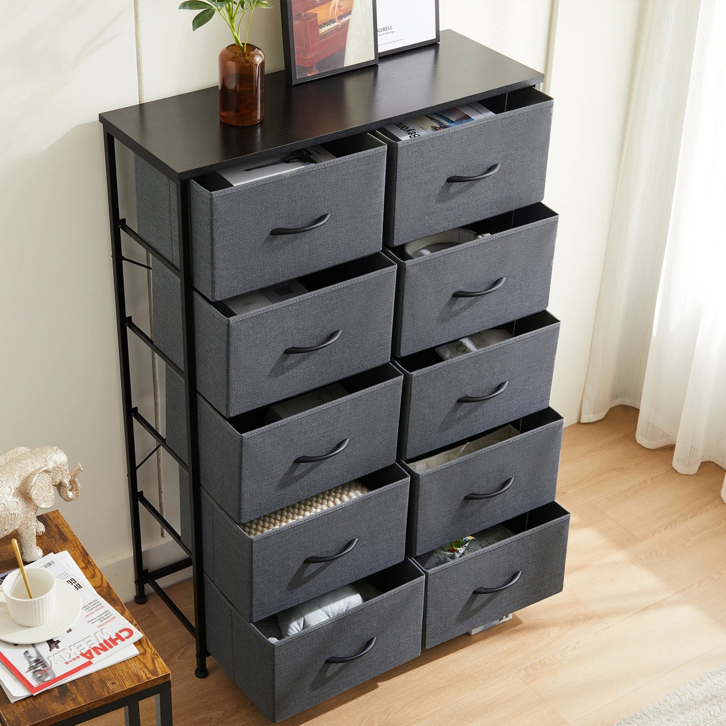 JHK Bedside Table With 10 Fabric Drawers Steel Frame