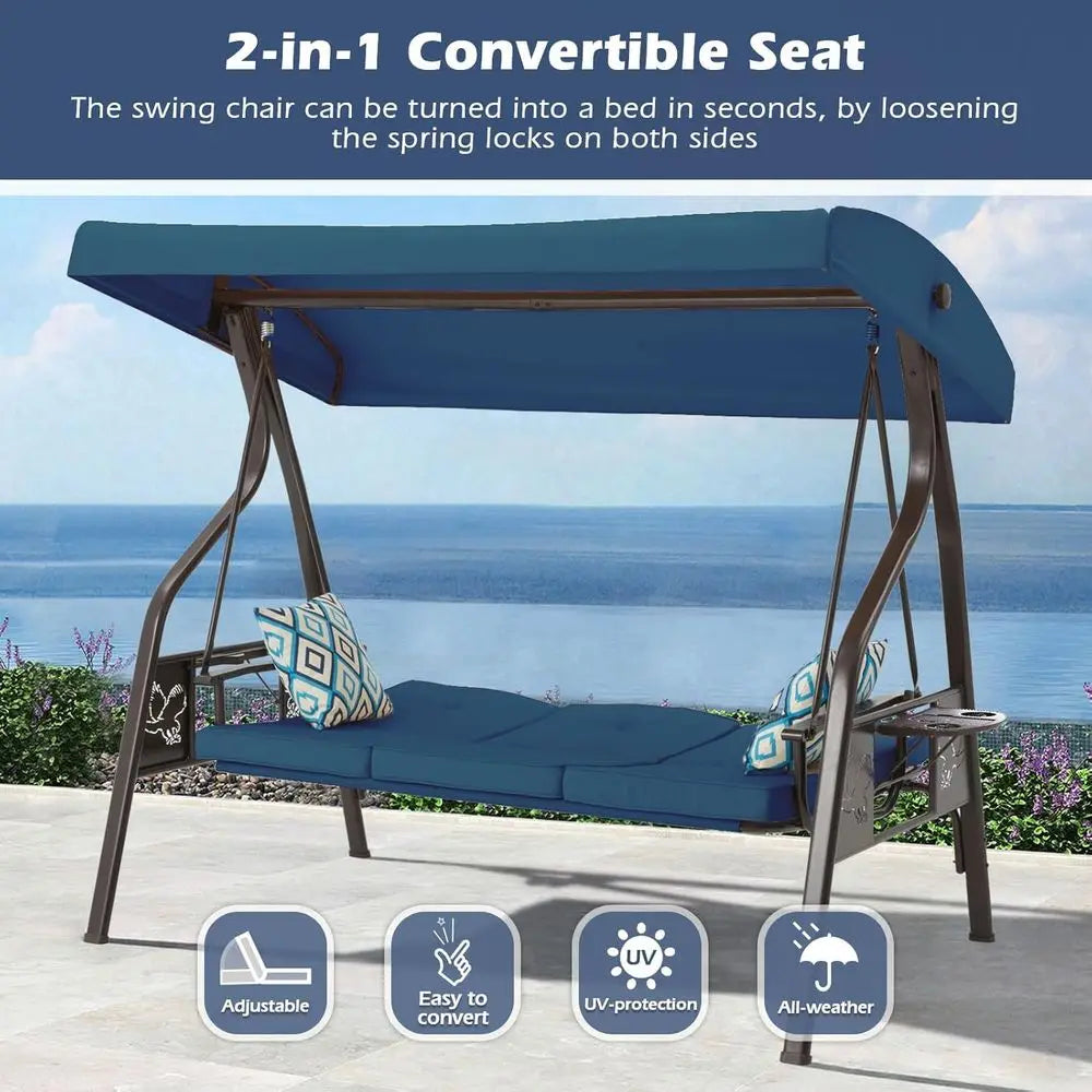 Three Seat Outdoor Porch Swing With Stand Blue Patio Swing Bed Chair Pillows