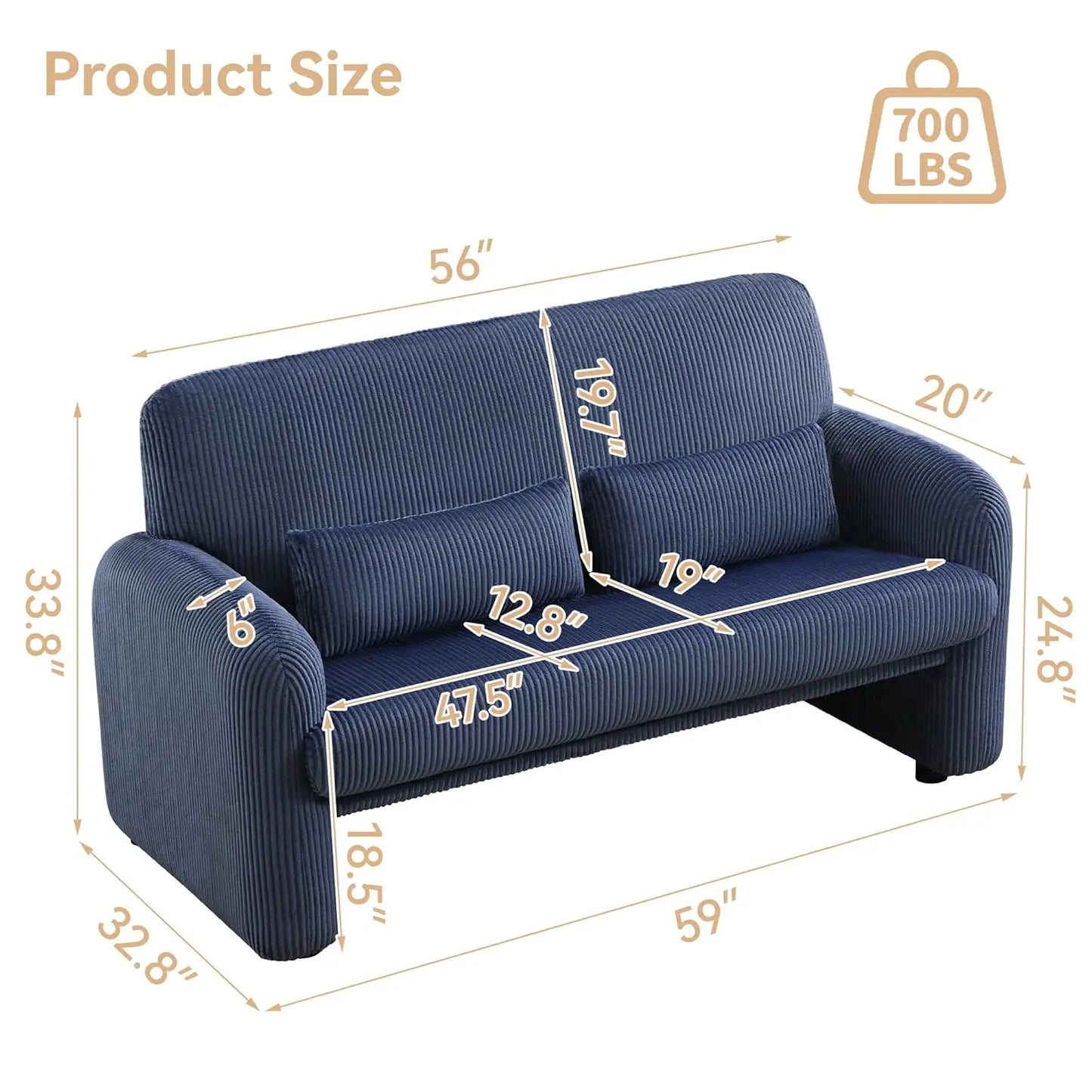 56 Inch Corduroy Loveseat Sofa 2 Seater For Small Spaces Modern Upholstered