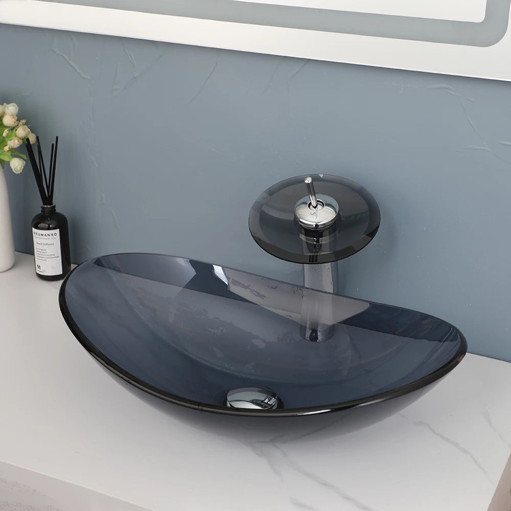 KEMAIDI Glass Vessel Sink AboveCounter Waterfall Faucet
