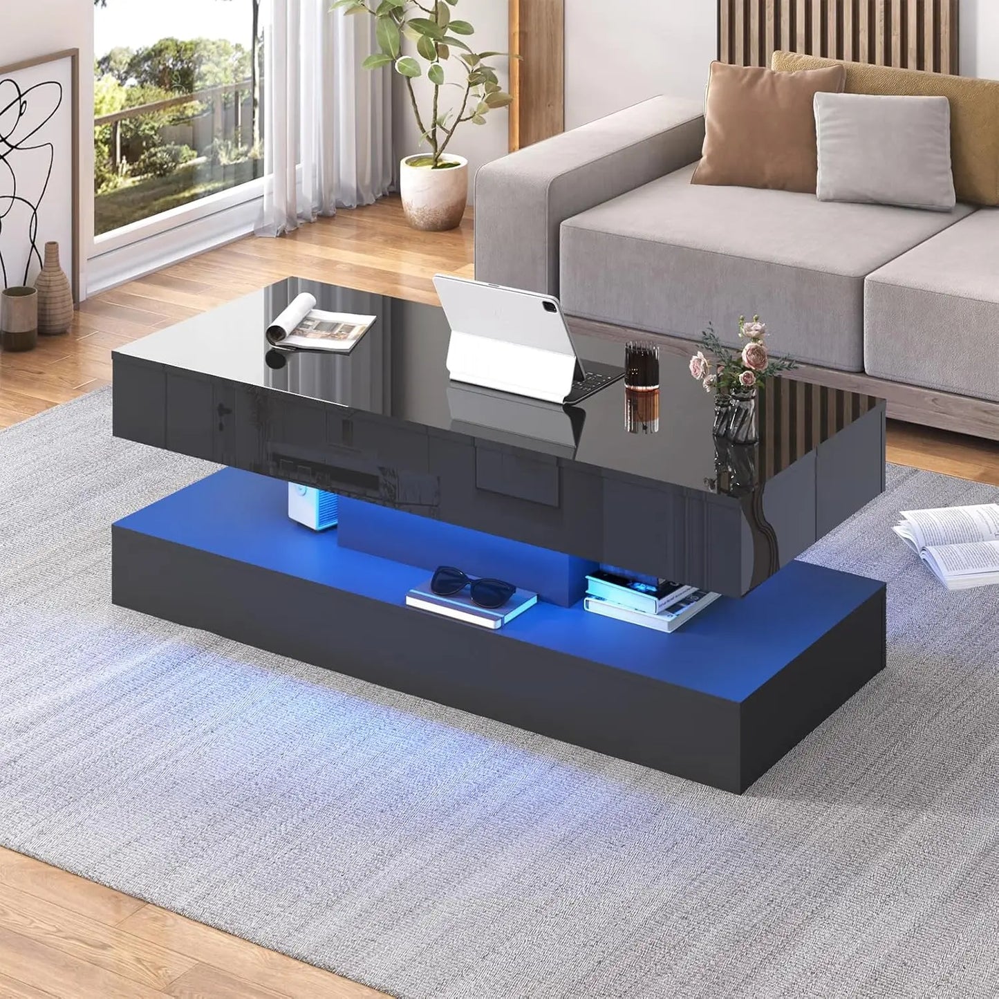 Modern Coffee Table With LED Lights And Storage Drawers