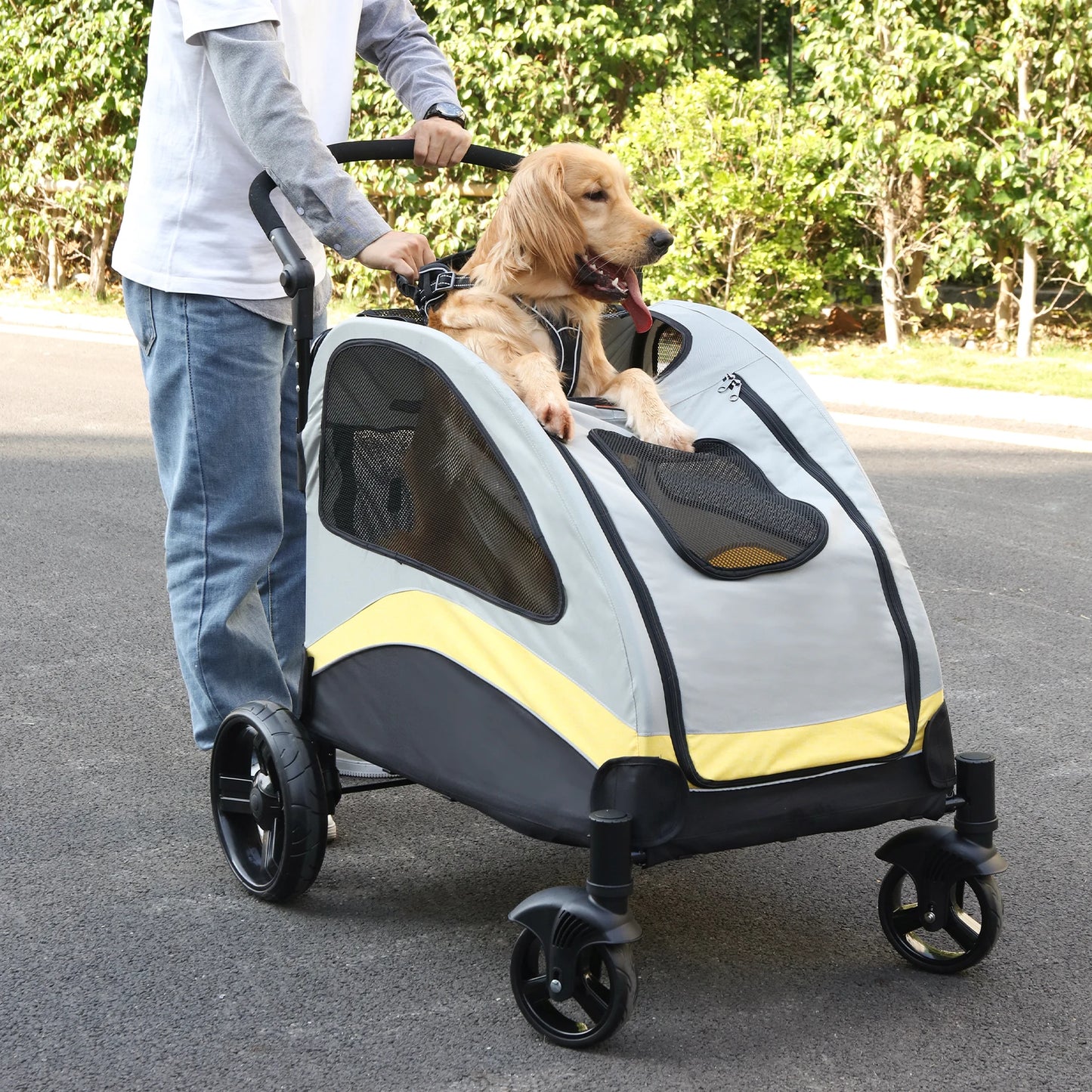 Portable Dog Stroller with Four Wheels for Large Dogs Foldable Cat Travel Carriage Breathable Carrier for Outdoor Play