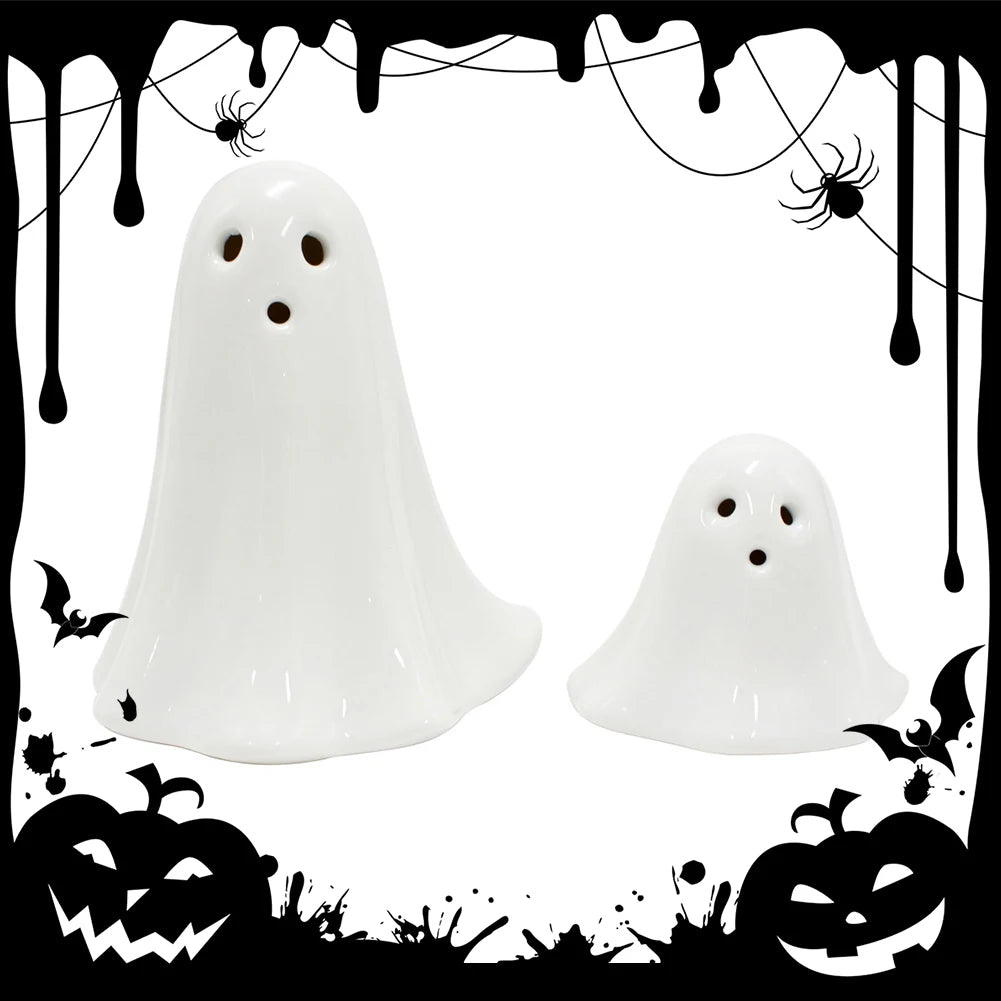 Halloween LED Light Up Ghost Decor Handmade Ceramic Ghost Sculpture Illuminated Desktop Decoration