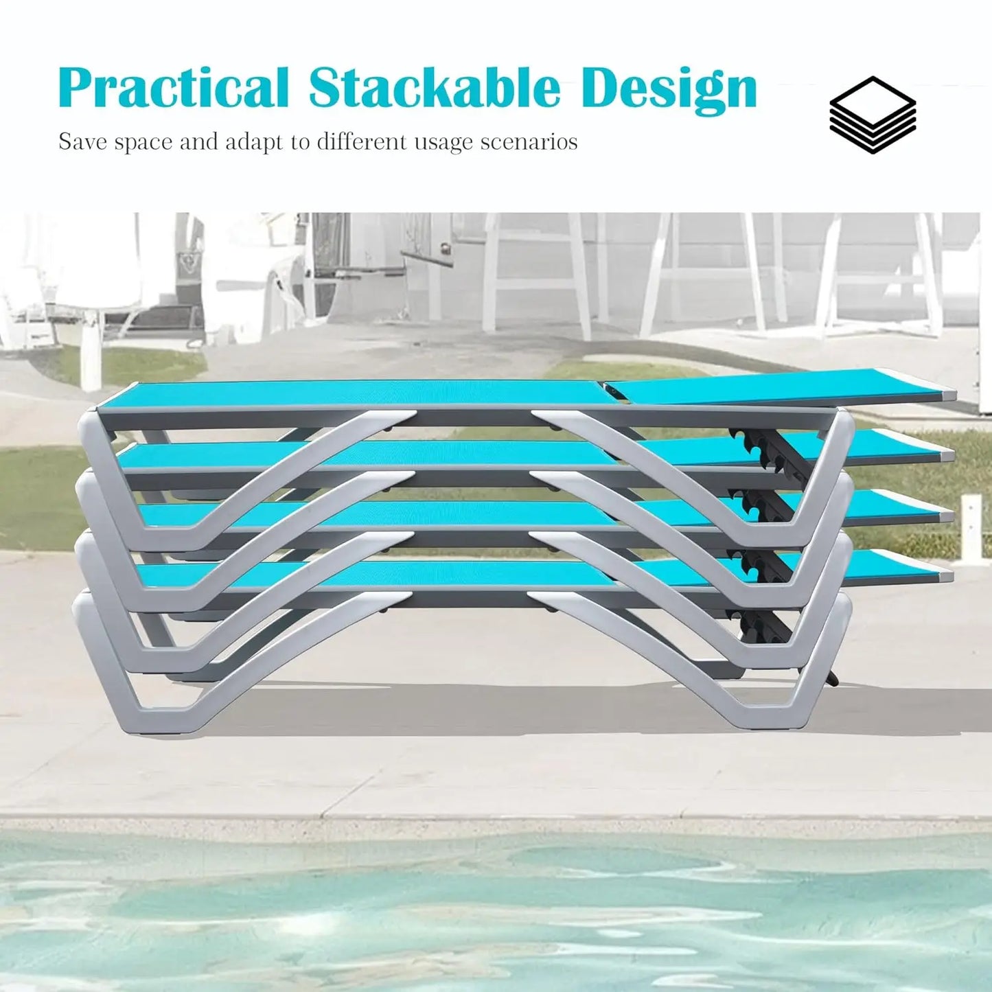 5 Position Aluminum Outdoor Lounge Chair Set Of 3 With Wheels All Weather