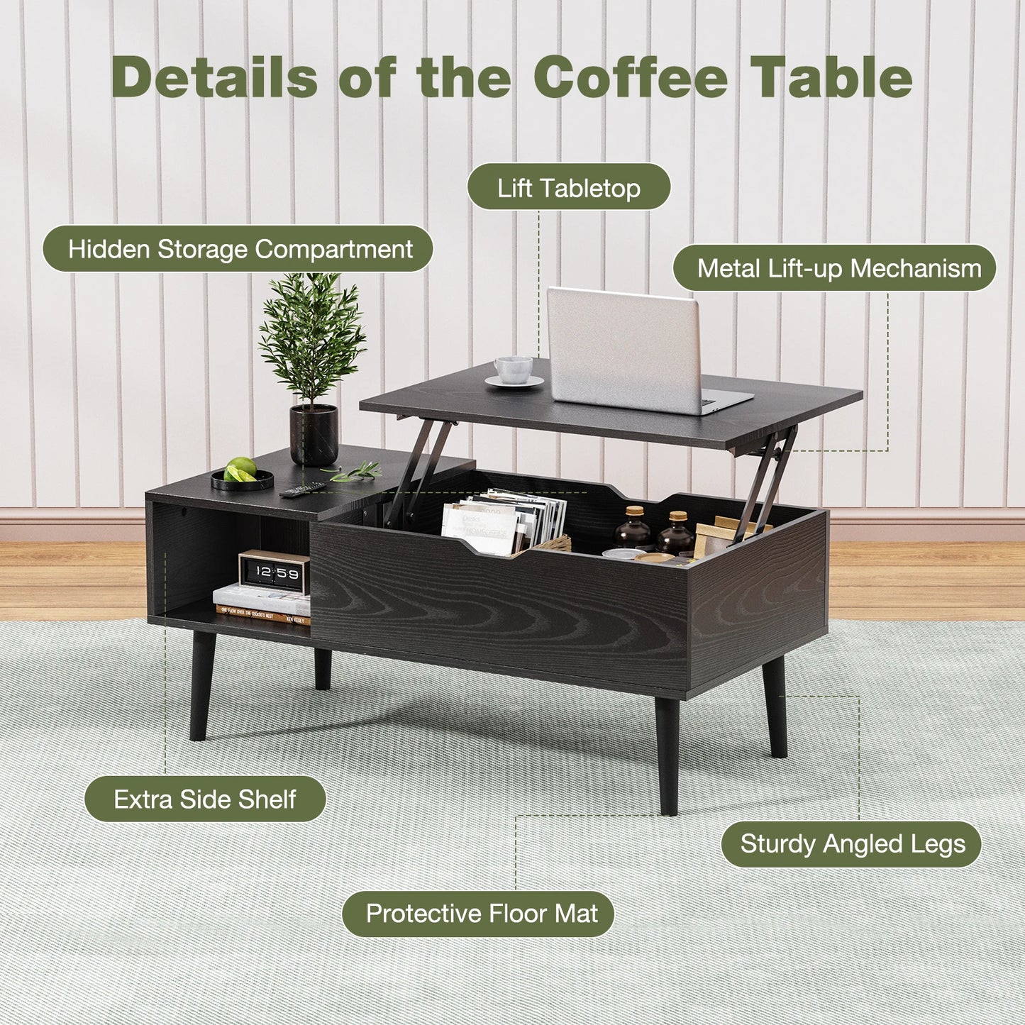 JHK Lift Top Wood Coffee Table With Storage For Living Room