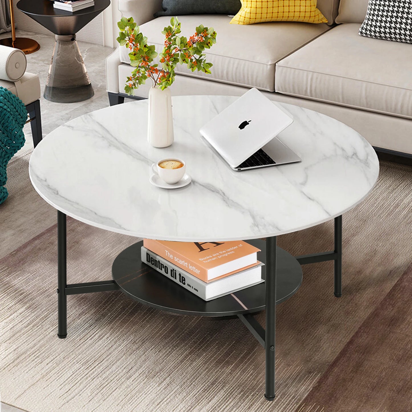 2 Tier Round Coffee Table With Sintered Stone Top And Metal Frame Living Room