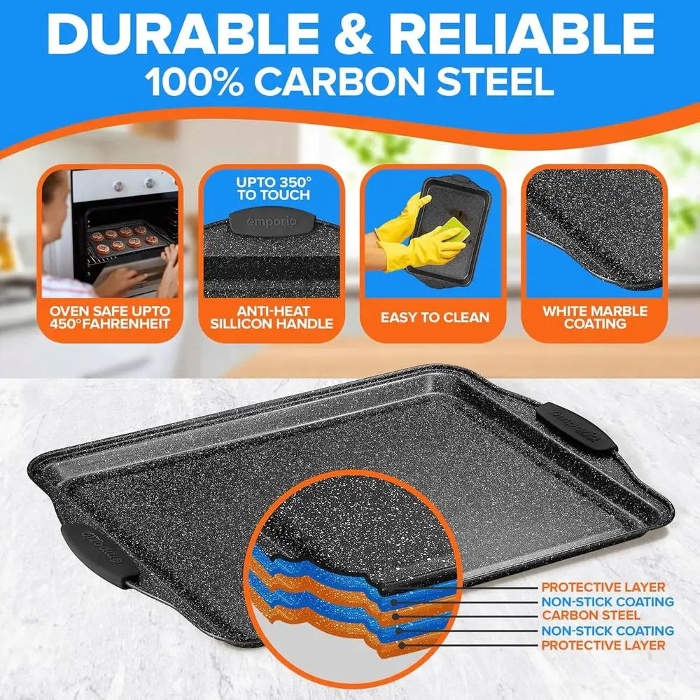 25 Piece Nonstick Carbon Steel Bakeware Set Oven Safe with Silicone Handles and Recipe Booklet Ideal for Baking Cookies and Muffins Pans