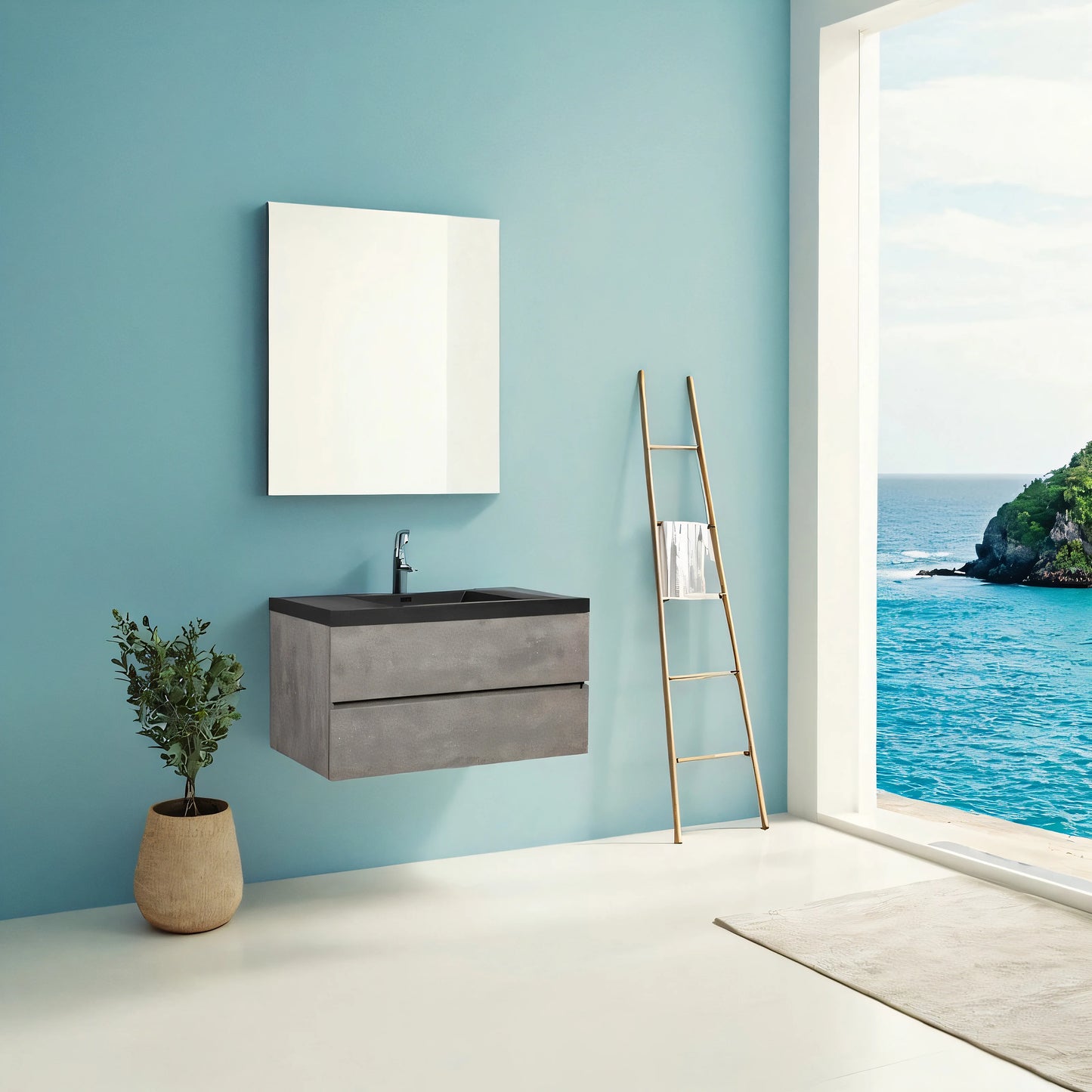 48 Inch Floating Bathroom Vanity With Sink Black Quartz Top