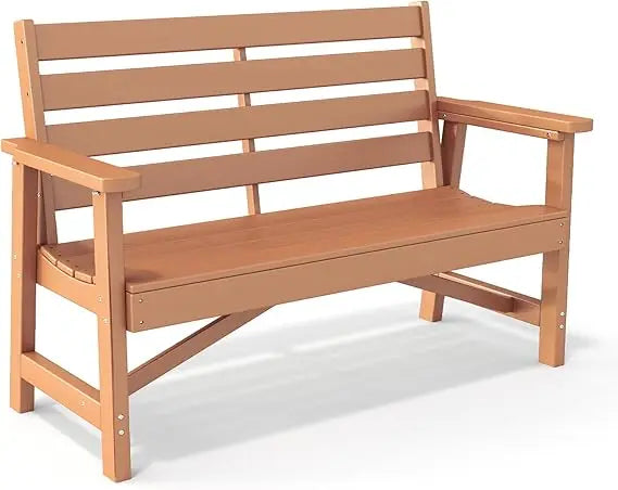 Ivy Lane Outdoor Bench HDPE Plastic 2-Person Weatherproof Teak Garden Bench For Patio Park Porch Backyard