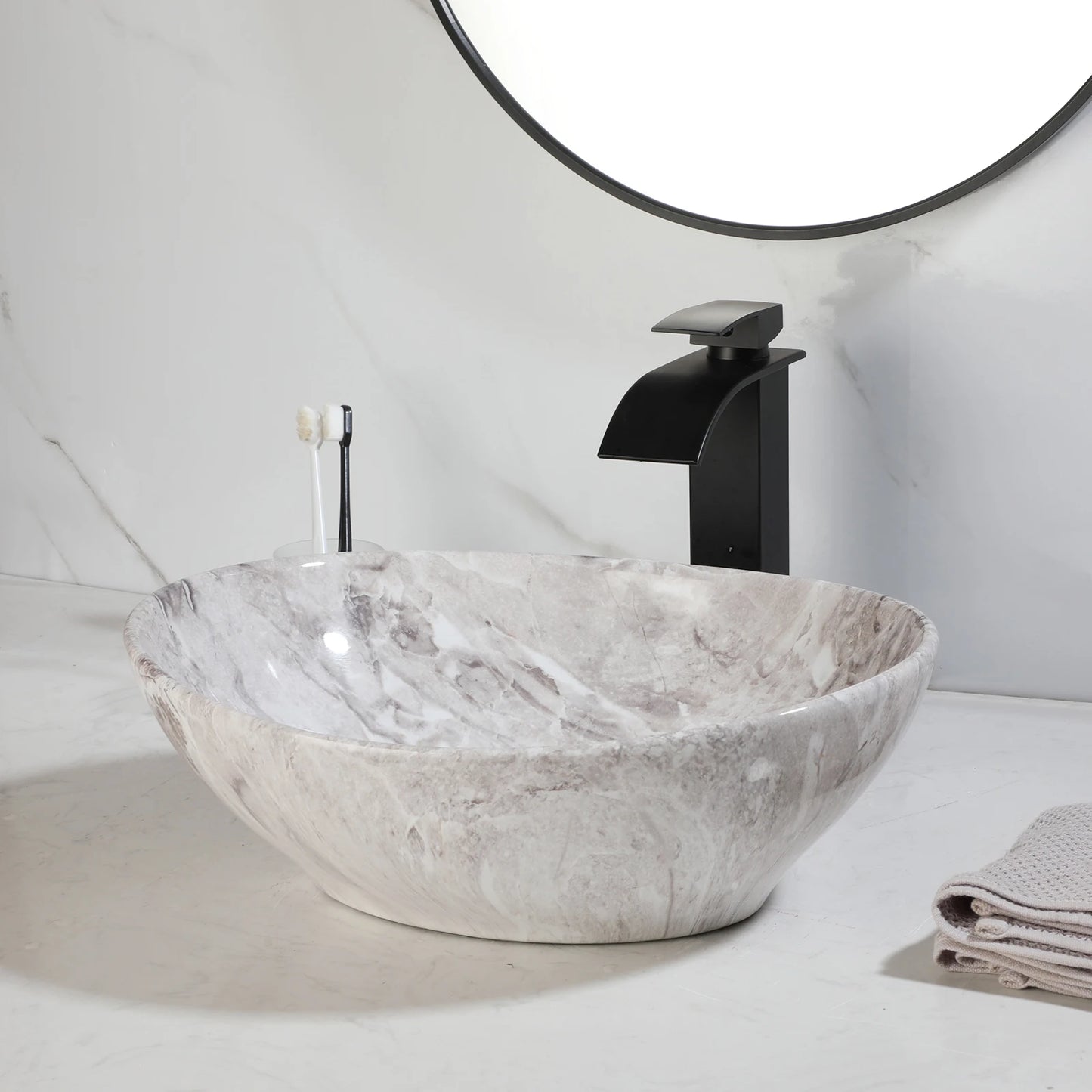 ZAPPO Marbling Rectangle Vessel Sink With Faucet Drain