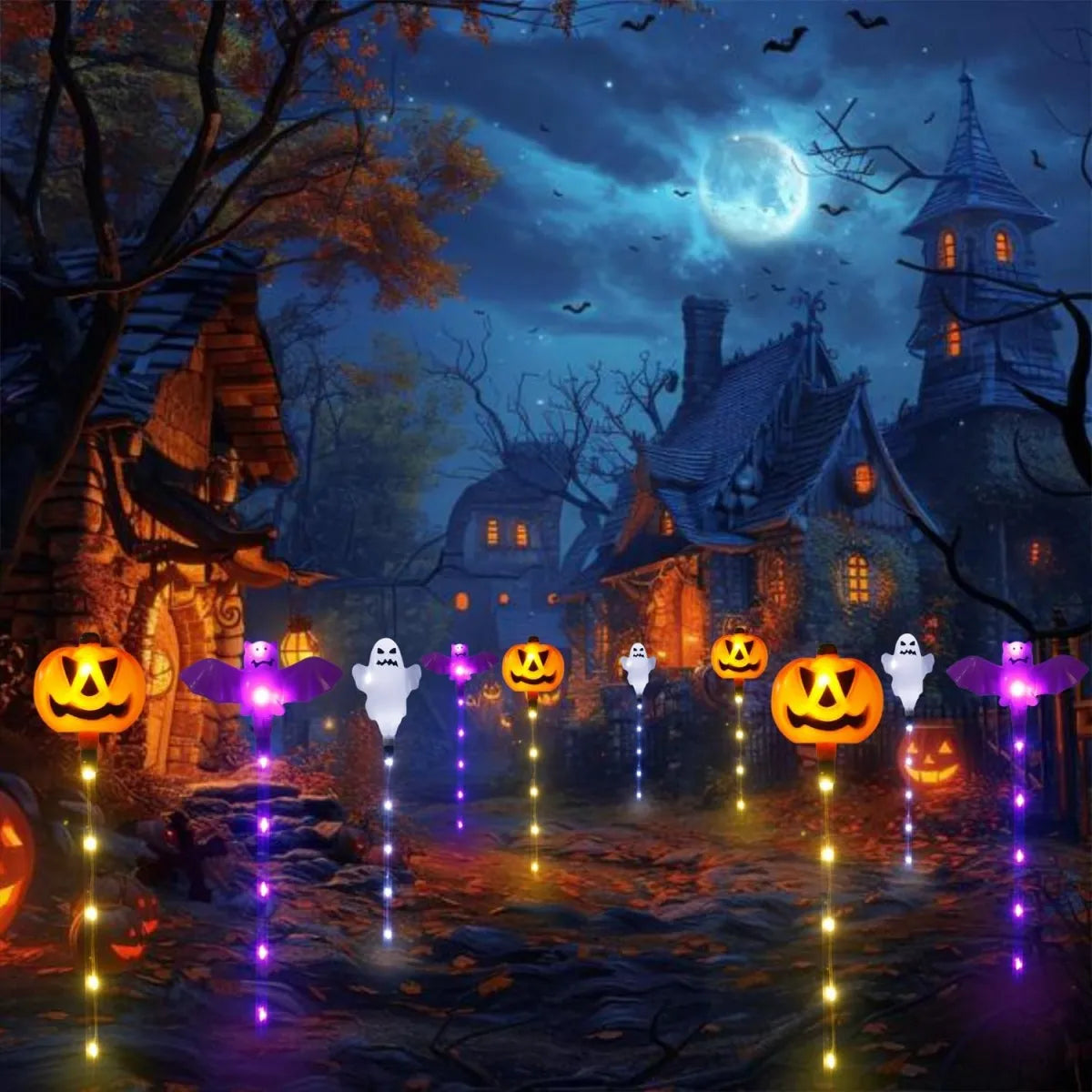 Solar Powered 8 LED Pumpkin Garden Stake Lights Halloween