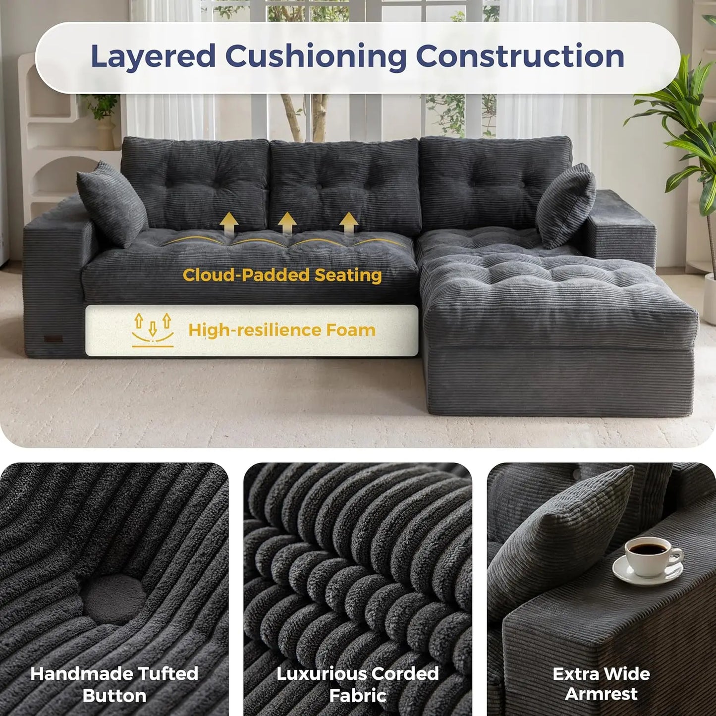 104 Inch L Shaped Modular Sectional Sofa With Ottoman Layered Cushions