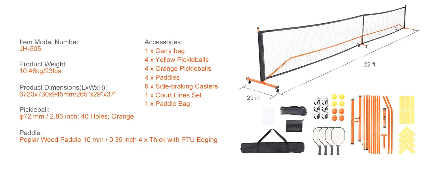 SucceBuy Portable Pickleball Net System 22 FT Full Court Official Regulation Size Outdoor With Court Line