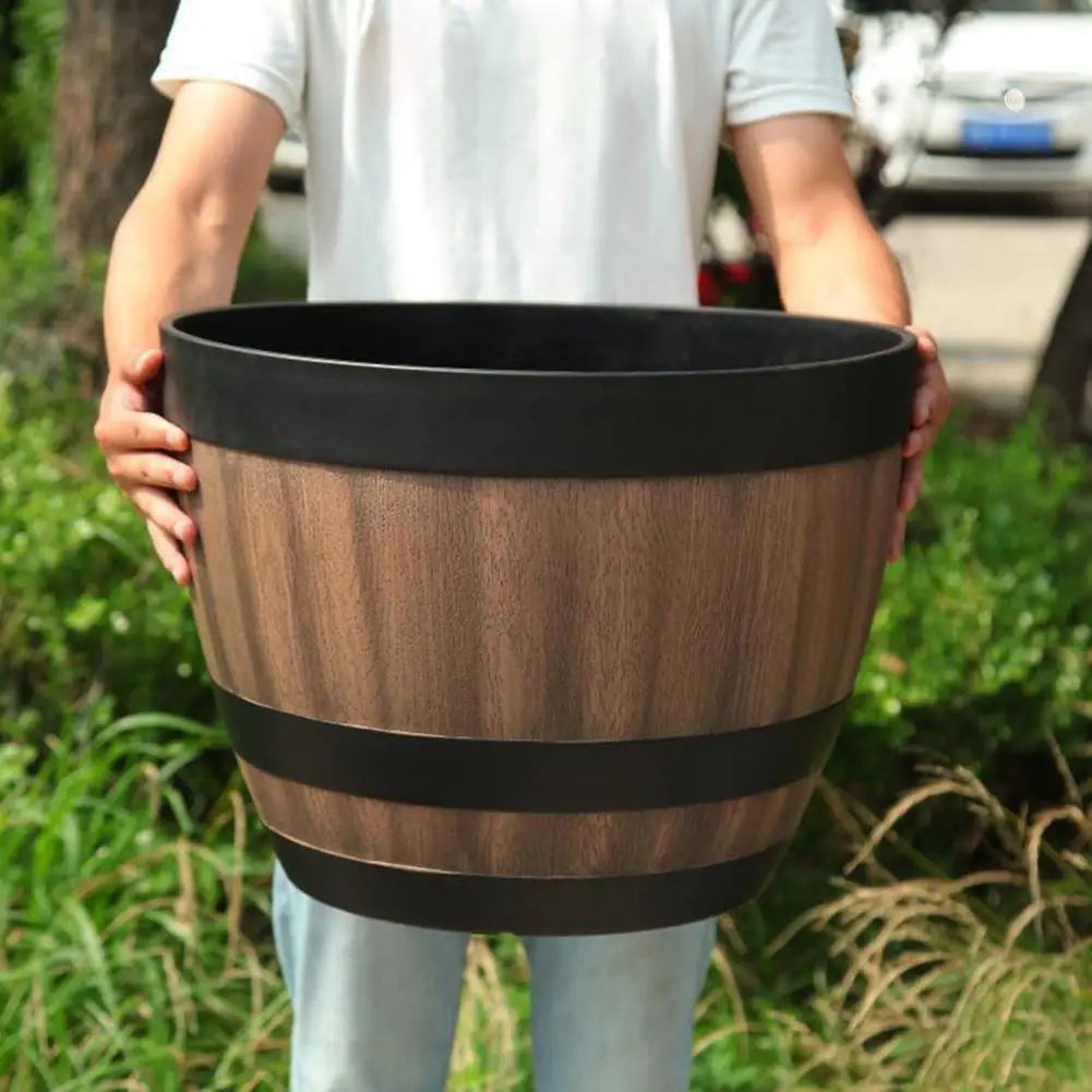 Barrel Shape Imitation Wood Plant Pot Plastic Flowerpot For Indoor Outdoor