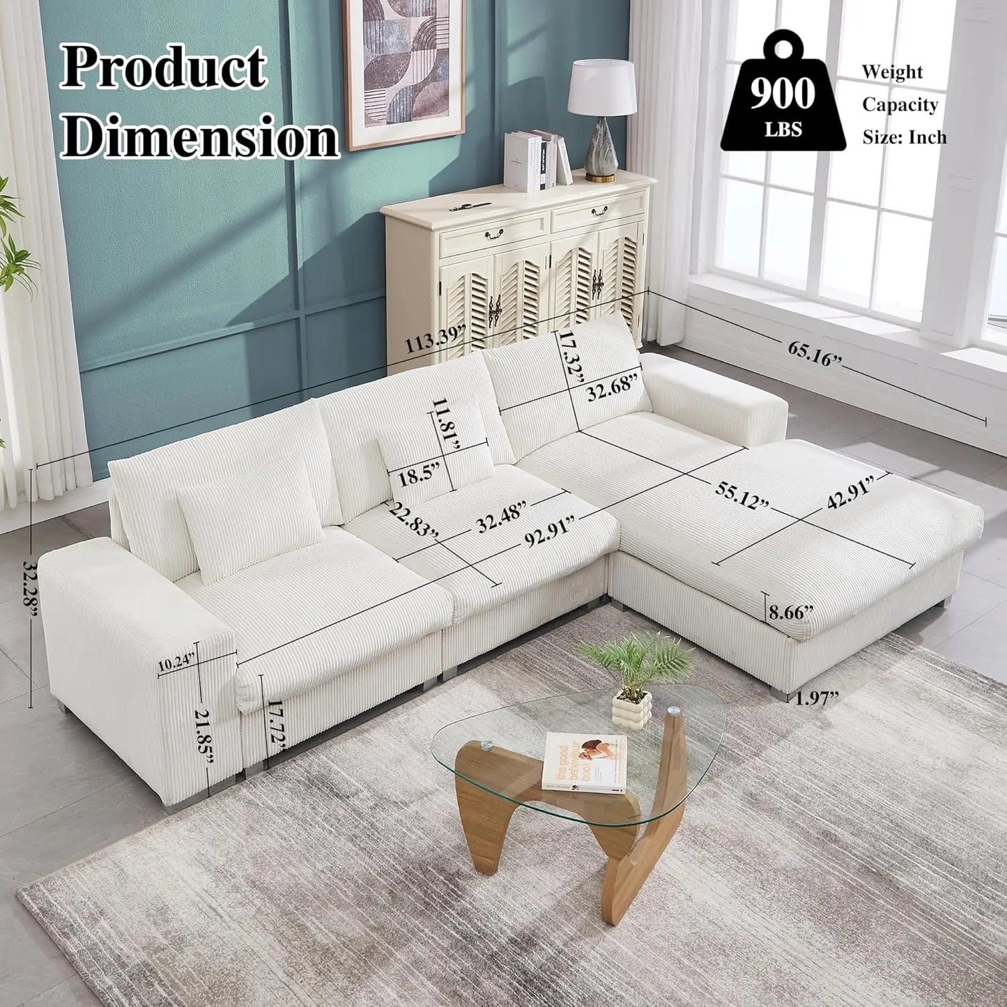 114 Inch Oversized L Shaped Modular Sectional Sofa Cloud Couch Plush Pillows
