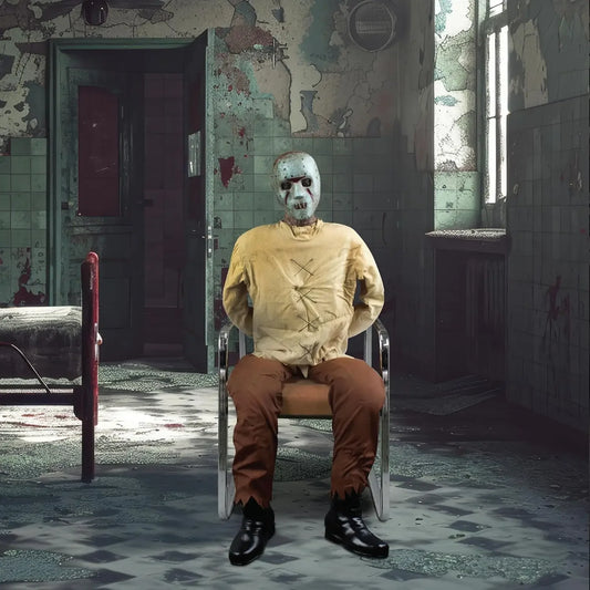 Motion Activated Thrashing Prisoner by Tekky Life Size Sitting Halloween Animatronic for Indoor or Outdoor Use