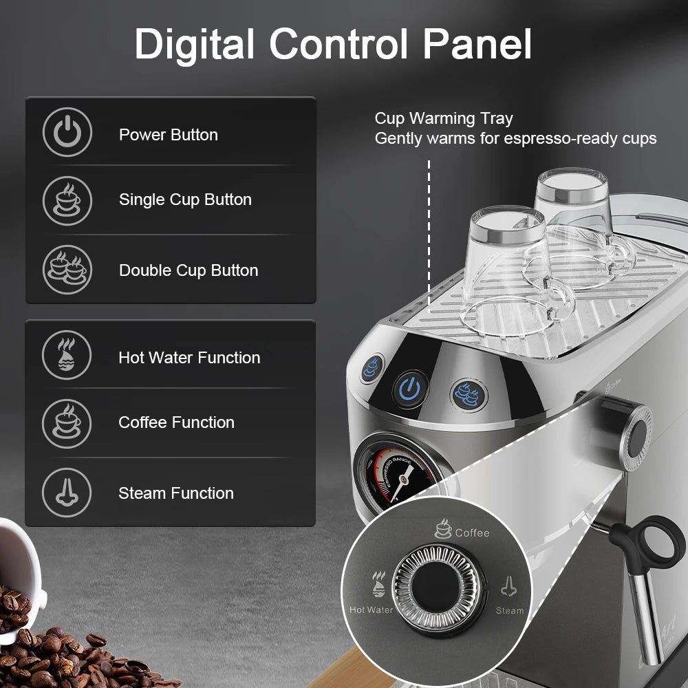 BioloMix 20 Bar Semi Automatic Powder Coffee Machine with Milk Steam Frother for Espresso Cappuccino Latte and Mocha