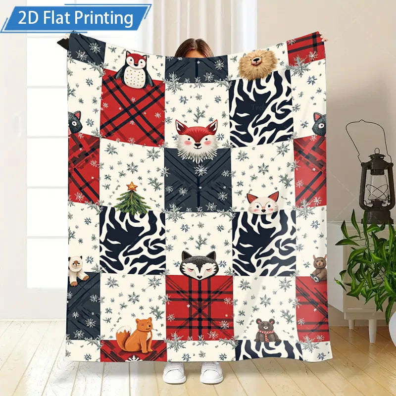 Christmas Animal Print Flannel Blanket Cozy Polyester Bedding