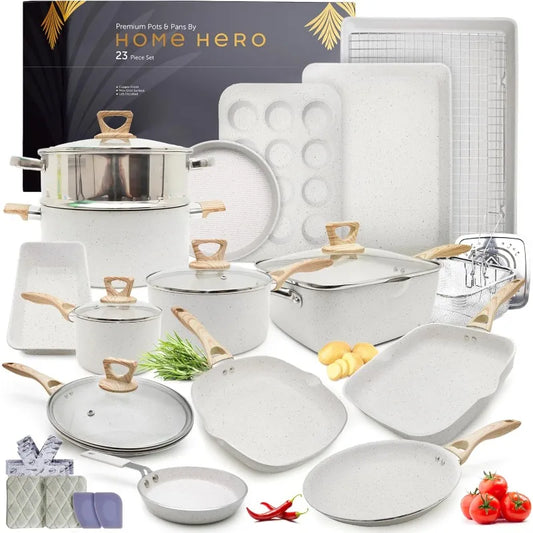 Pans Set Non Stick Induction Compatible Kitchen Cookware Sets and Bakeware Sets PFOA Free Oven Safe 23 Piece Cream