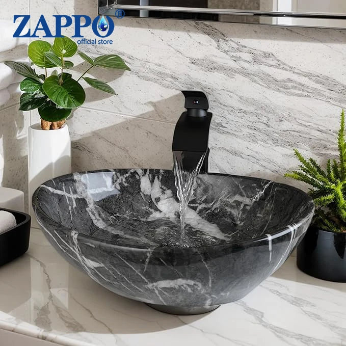 ZAPPO Marbling Rectangle Vessel Sink With Faucet Drain