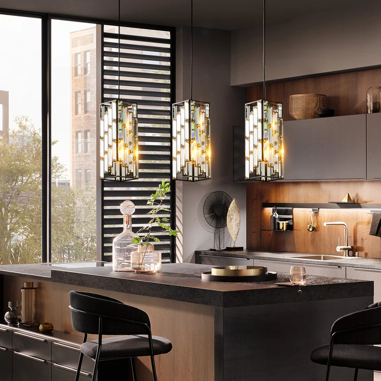 Arlgsit Modern Luxury Crystal Pendant Light 3 Pack Adjustable Hanging Ceiling Lamp Black Finish