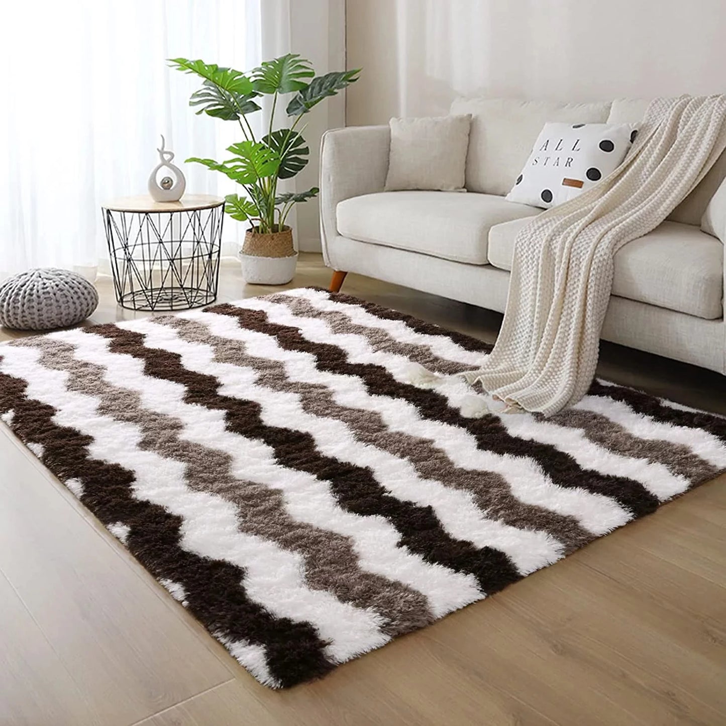 Soft Shaggy Rugs Plush Area Rugs for Living Room Bedroom Fluffy Carpets Home Decor 5x8ft Stripe Brown