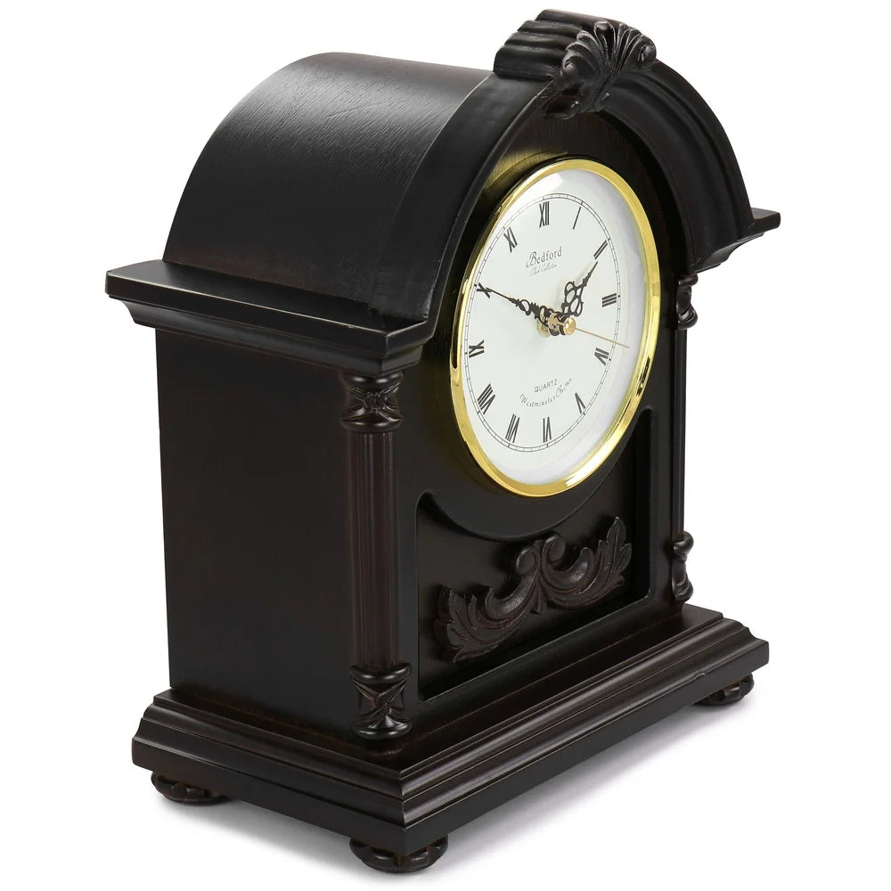 Chocolate Wood Mantel Clock with Chimes Four Chime Modes Volume Toggle Classic Roman Numerals Cozy Home Decor Battery Operated