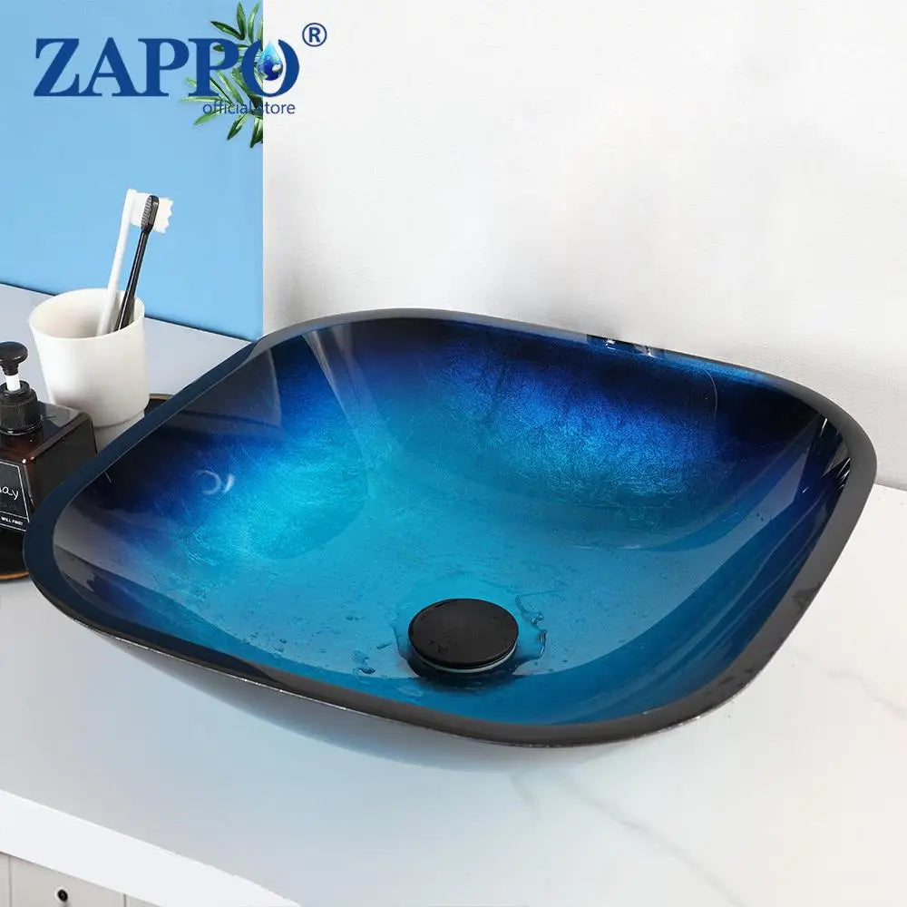 ZAPPO Tempered Glass Vessel Sink With Waterfall Faucet Blue