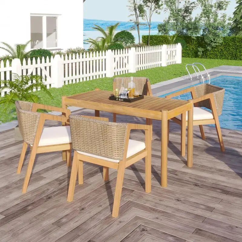 Bamboo Outdoor Dining Set 5 Piece Table And 4 Chairs Teak Beige Finish