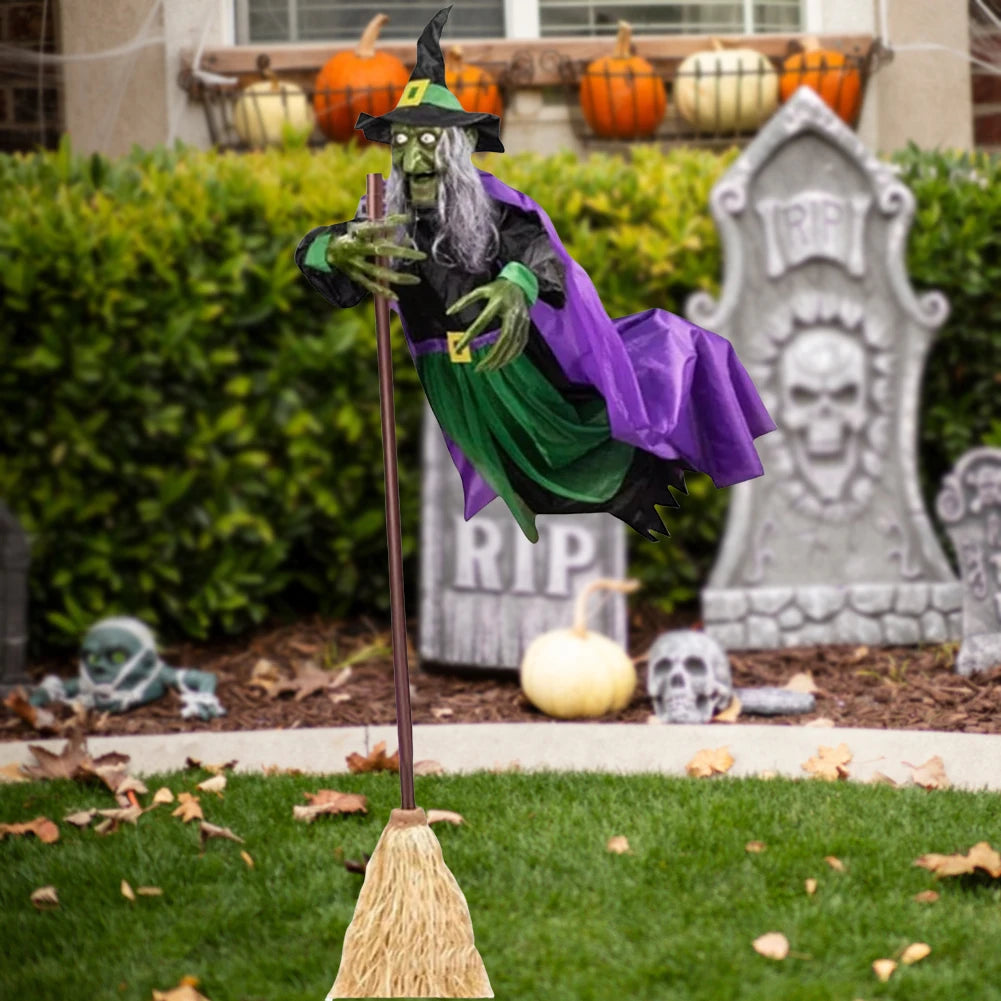 Flying Witch Decorations Luminous Eyes Halloween On Broom