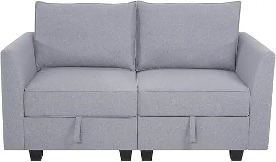 Grey Linen Modular Loveseat Sofa Bed With Extendable Wood Frame