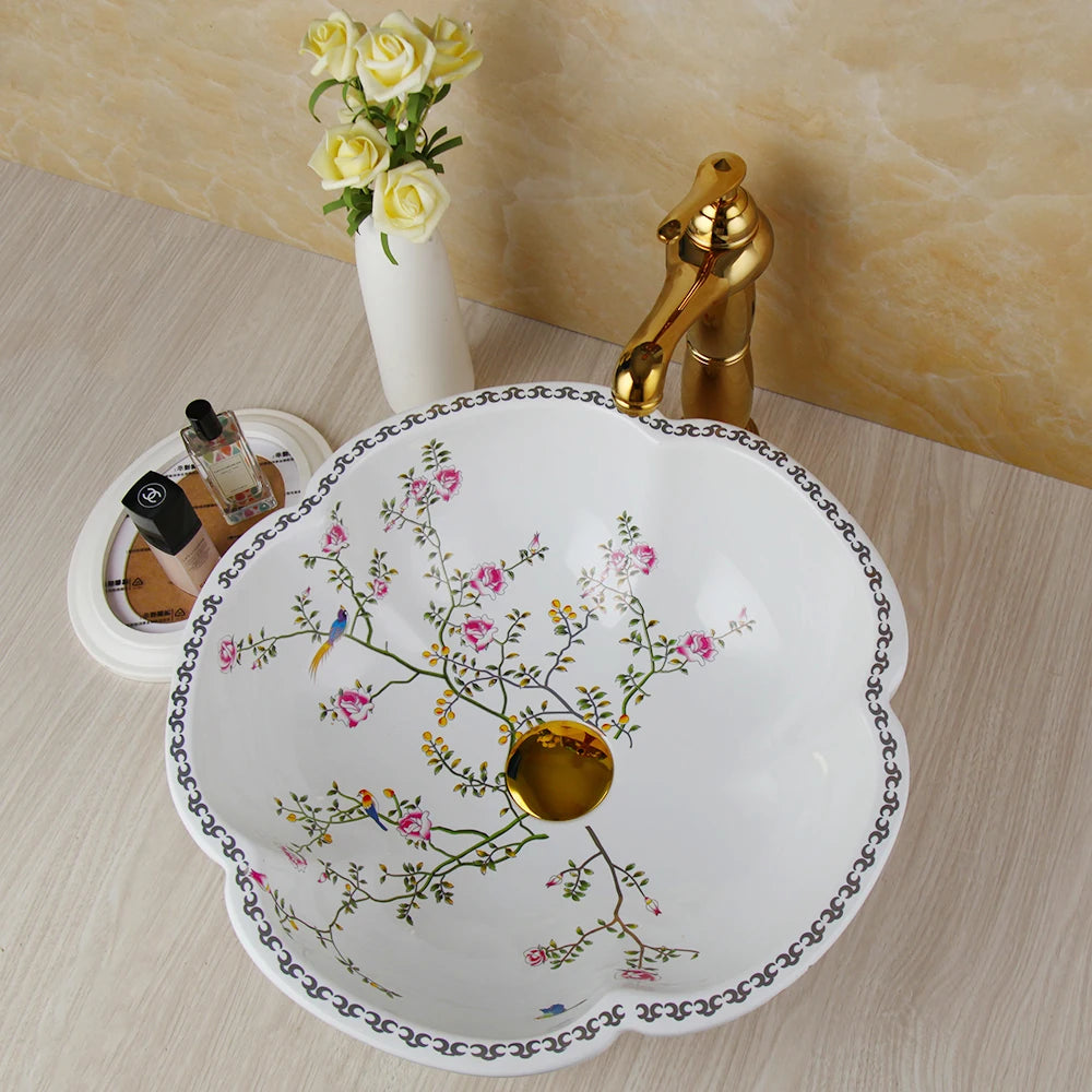 ZAPPO Ceramic Sink Above Counter Round Petal Pattern Faucet
