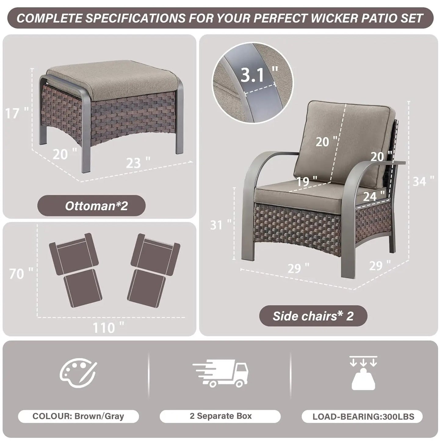4 Piece Wicker Patio Furniture Set With Ottomans All Weather High Back Deep