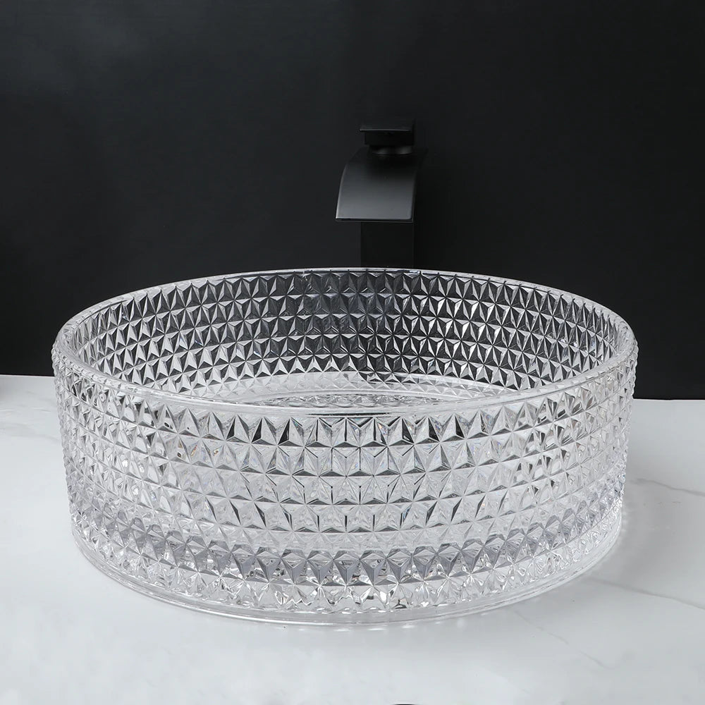 ZAPPO Black Glass Vessel Sink With Deck Mount Faucet